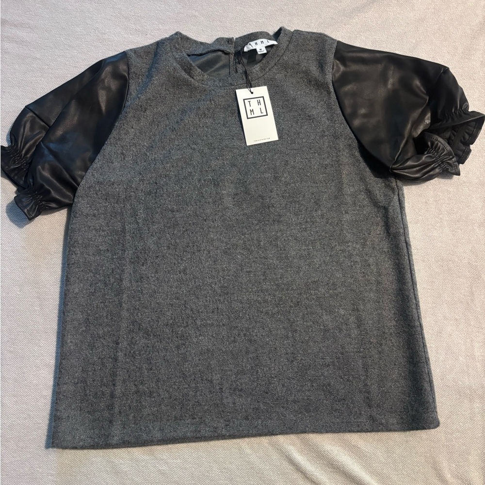 Thml Brand Short Sleeve Sweater Top With Faux Leather Accent. NWT. Womens Med